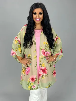 11 OT {Wave To You} Sage Floral Kimono PLUS SIZE 1X 2X 3X