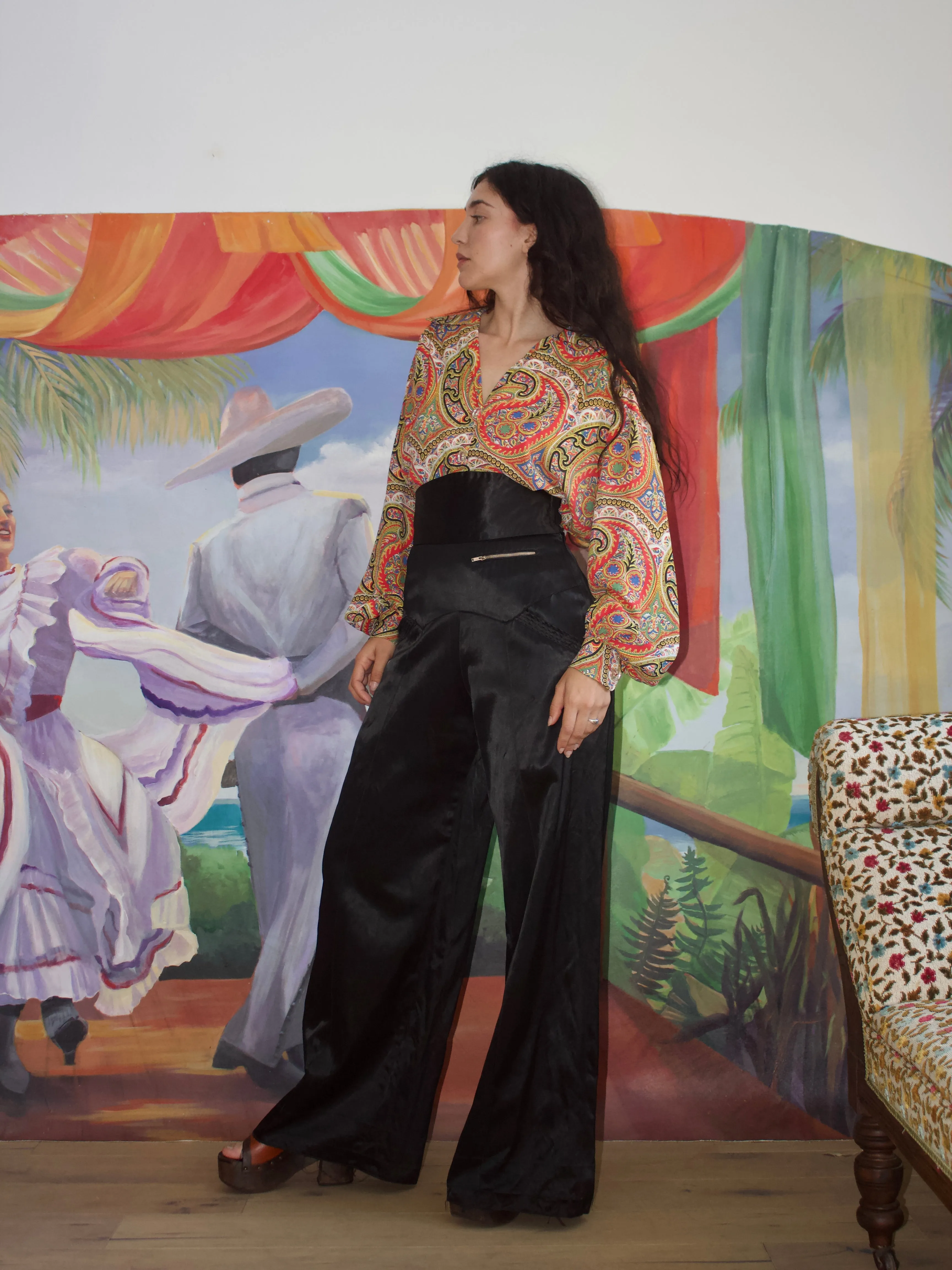1940s Built Up Waist Satin Side Zip Palazzo Pant *Huge Pockets *Zip Pocket
