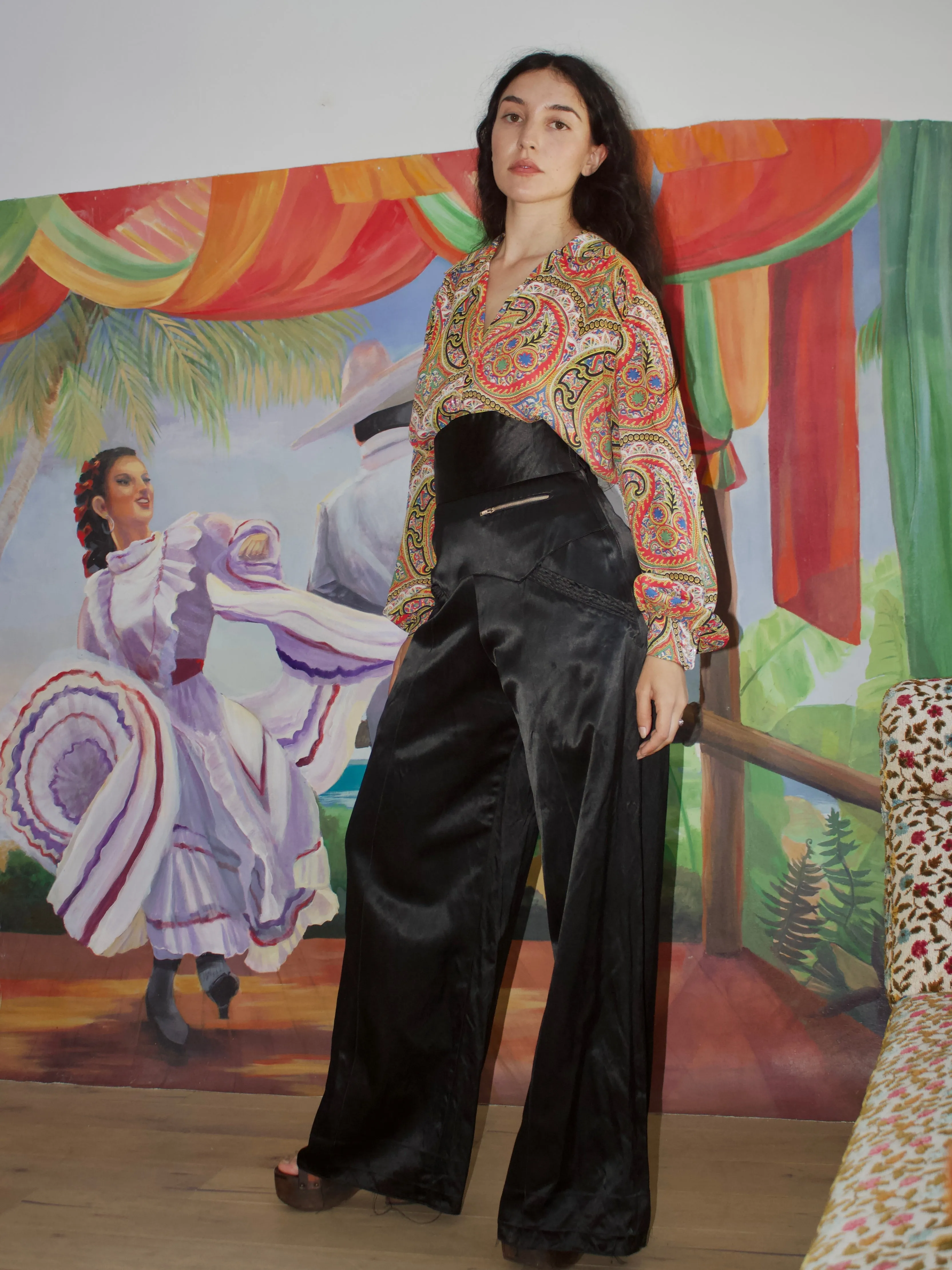 1940s Built Up Waist Satin Side Zip Palazzo Pant *Huge Pockets *Zip Pocket