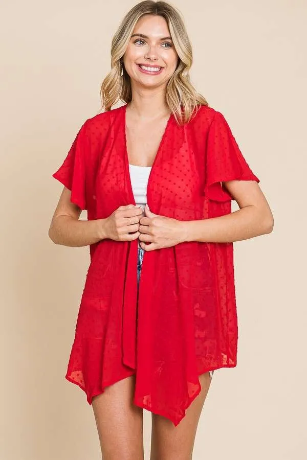 38 OT {Social Hour} Cherry Red Swiss Dot Drape Cardigan PLUS SIZE 1X 2X 3X