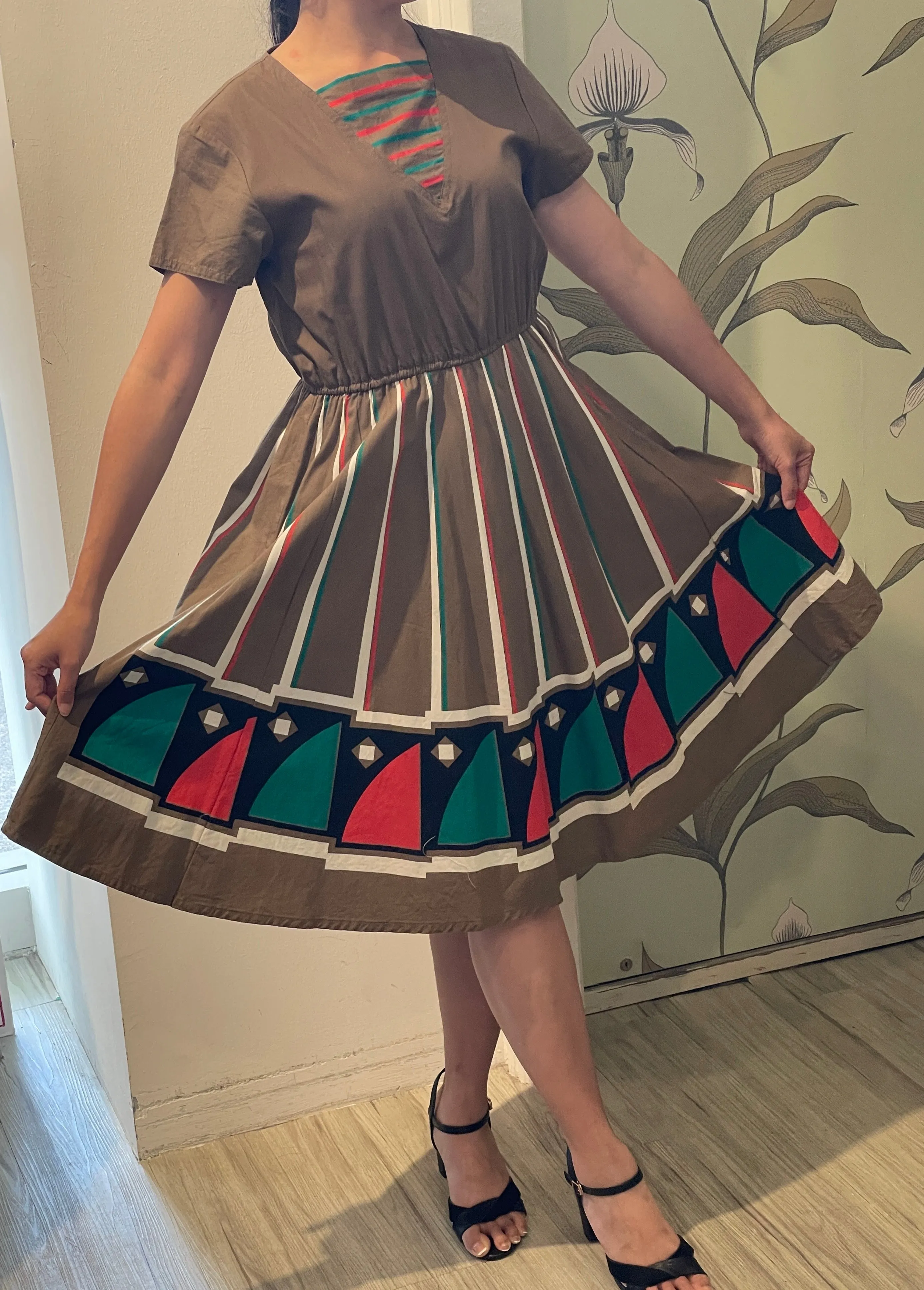 Abstract Prints Taupe Brown Square Neck Dress