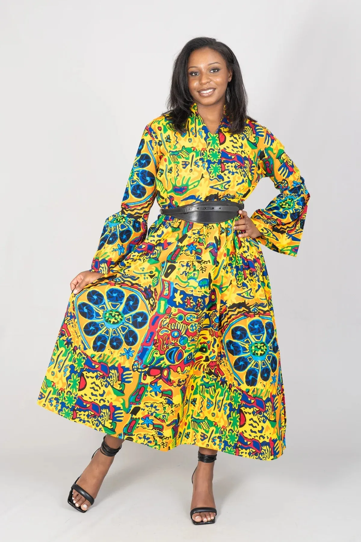 African Print Bell Sleeve Maxi Dress