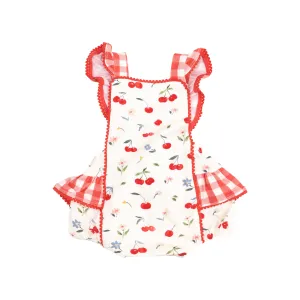 Angel Dear || Watercolor Cherries   Gingham Ric-Rac Ruffle Sunsuit