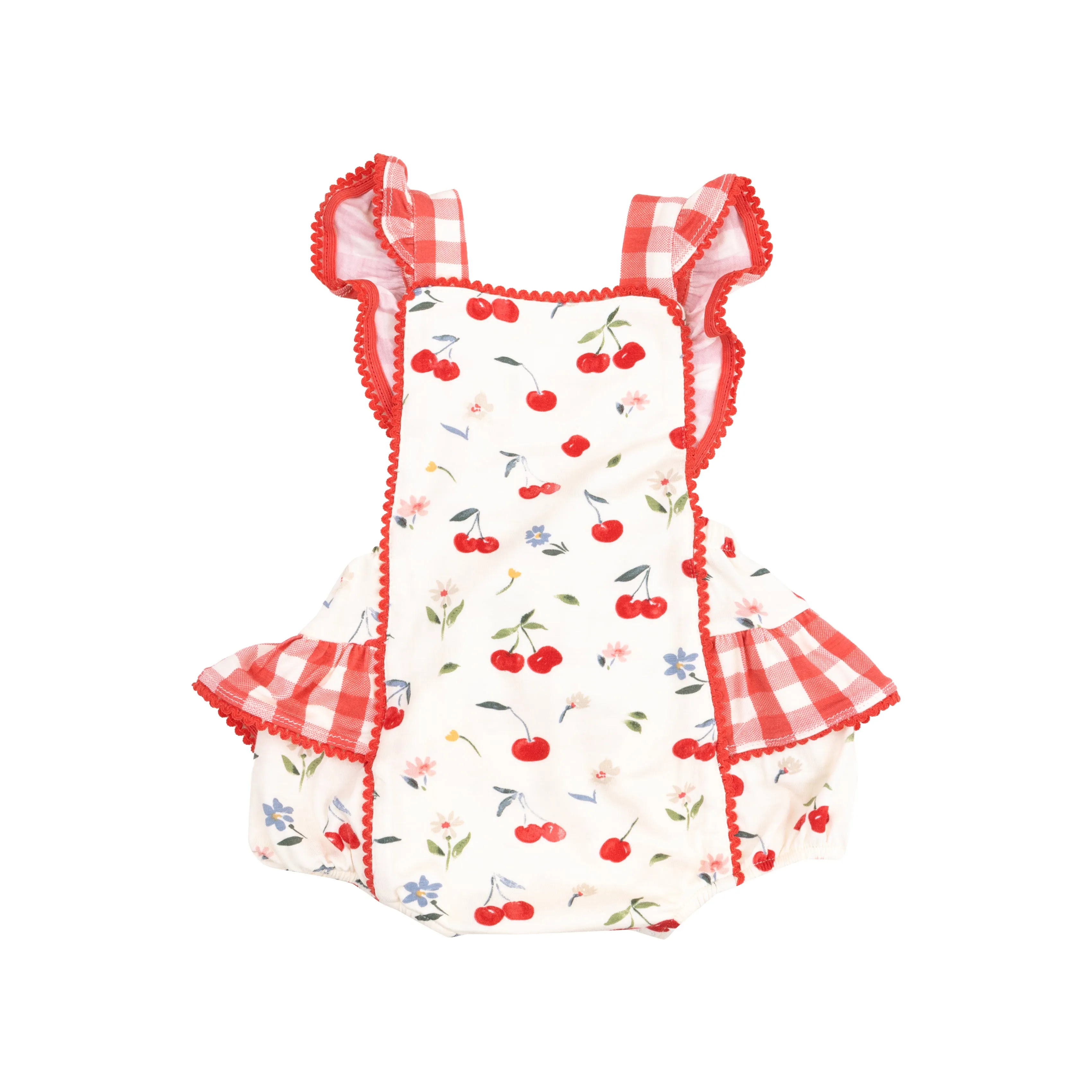 Angel Dear || Watercolor Cherries   Gingham Ric-Rac Ruffle Sunsuit