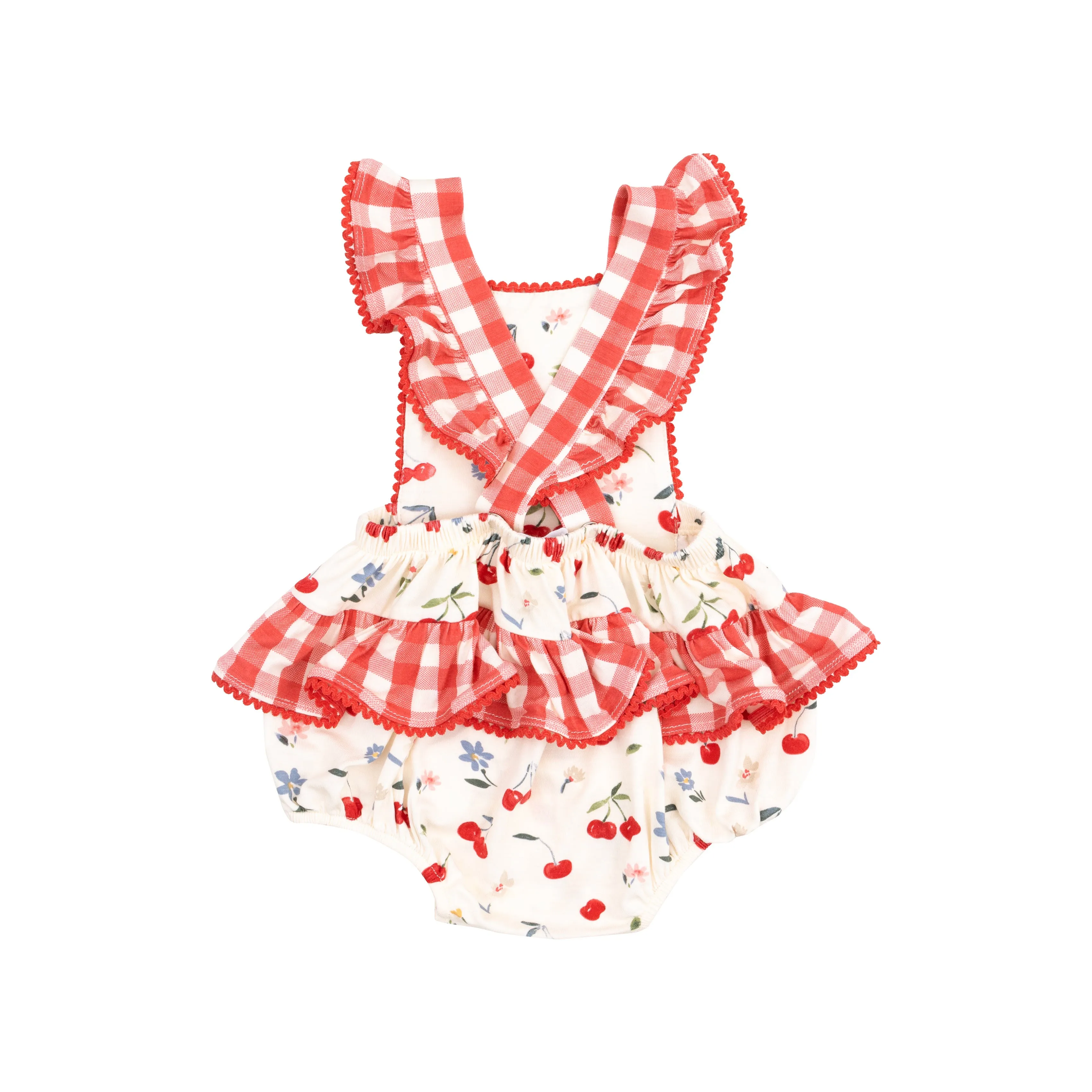 Angel Dear || Watercolor Cherries   Gingham Ric-Rac Ruffle Sunsuit