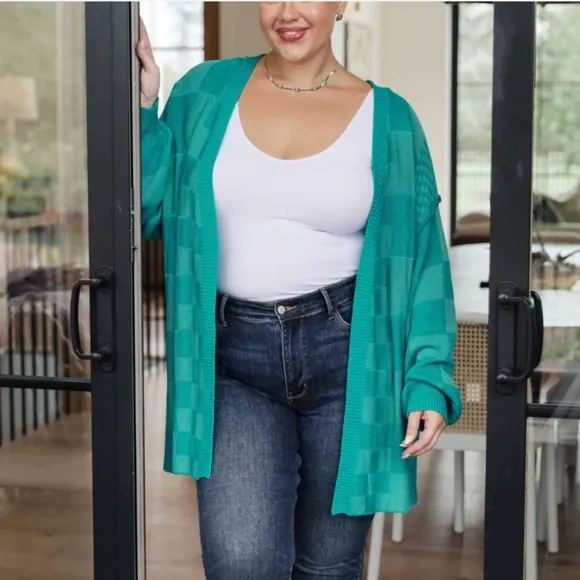 Anniewear Blue Pinky Swear Checkered Print Open Front Cardigan Sweater Top