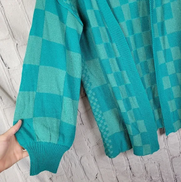 Anniewear Blue Pinky Swear Checkered Print Open Front Cardigan Sweater Top