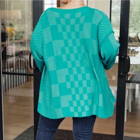 Anniewear Blue Pinky Swear Checkered Print Open Front Cardigan Sweater Top