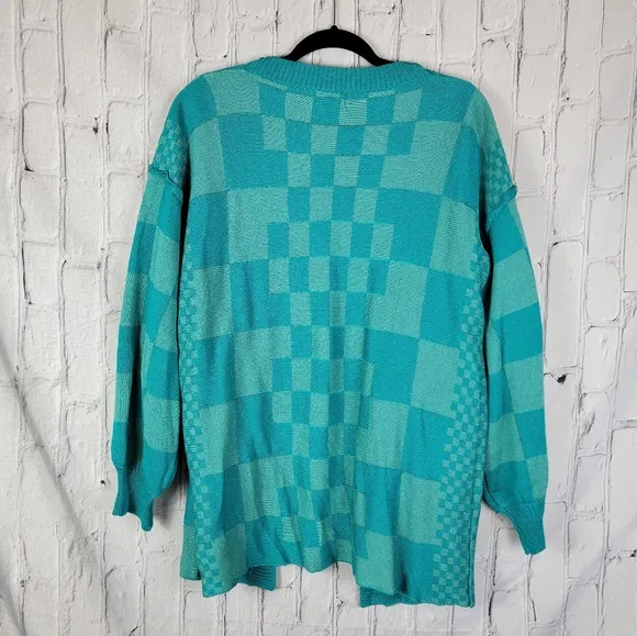 Anniewear Blue Pinky Swear Checkered Print Open Front Cardigan Sweater Top