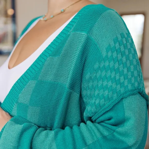 Anniewear Blue Pinky Swear Checkered Print Open Front Cardigan Sweater Top