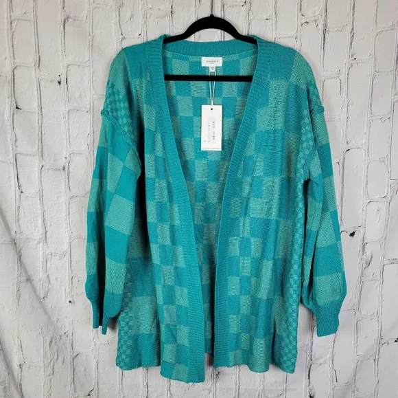 Anniewear Blue Pinky Swear Checkered Print Open Front Cardigan Sweater Top