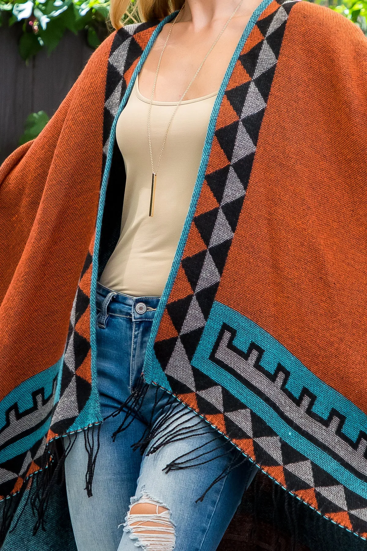 AZTEC BORDER LINE FRINGE KIMONO WRAP