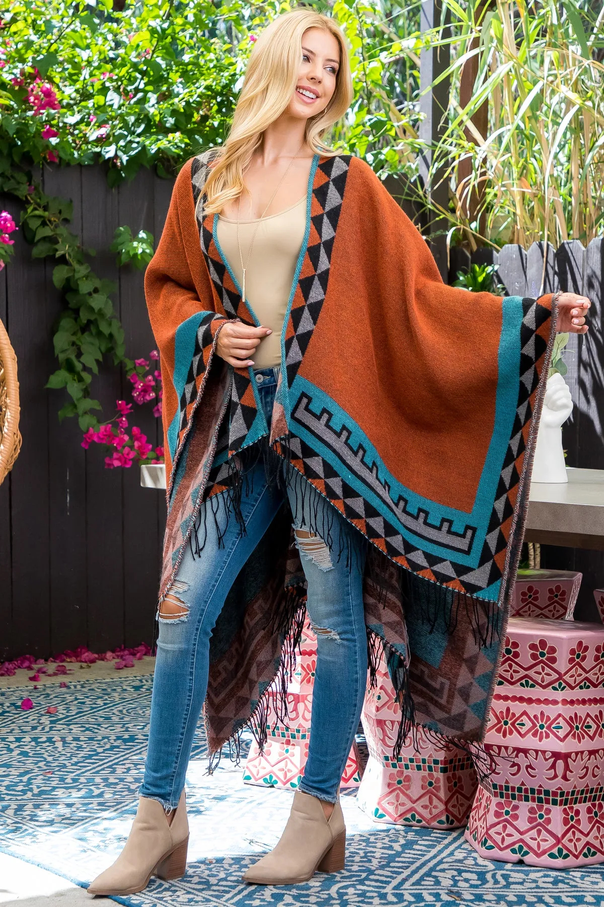 AZTEC BORDER LINE FRINGE KIMONO WRAP