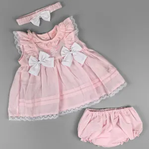 Baby Girl Pink Summer Dress with Flower Embroidery, Ruffle Collar & Matching Headband and Pants
