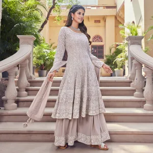 Beige Heavy Embroidered Anarkali Palazzo Set