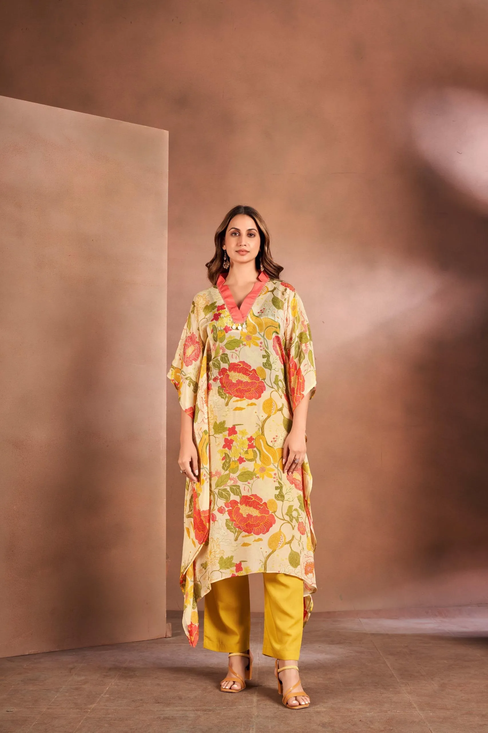 Beigh High Neck Kaftan Set