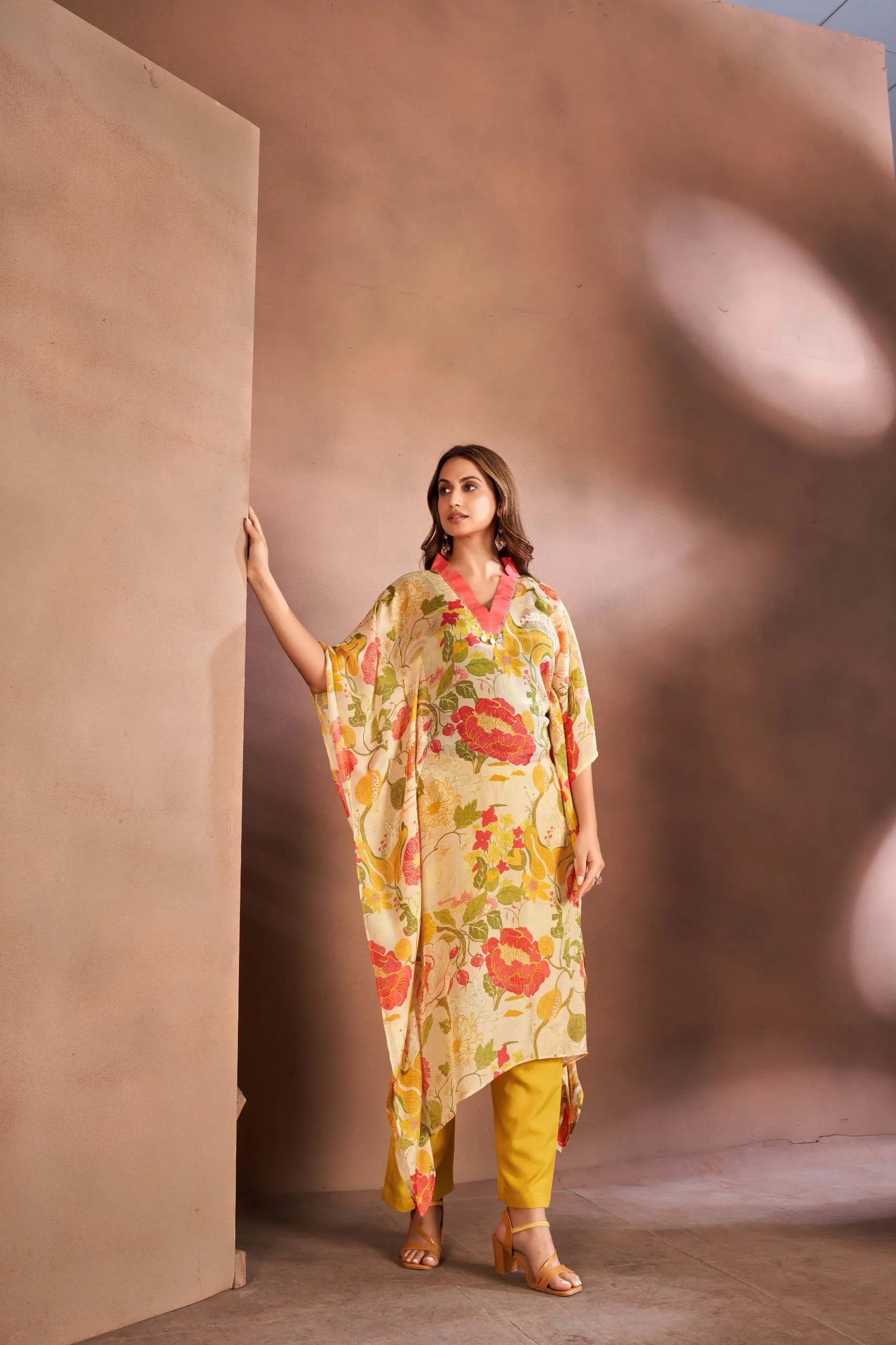 Beigh High Neck Kaftan Set