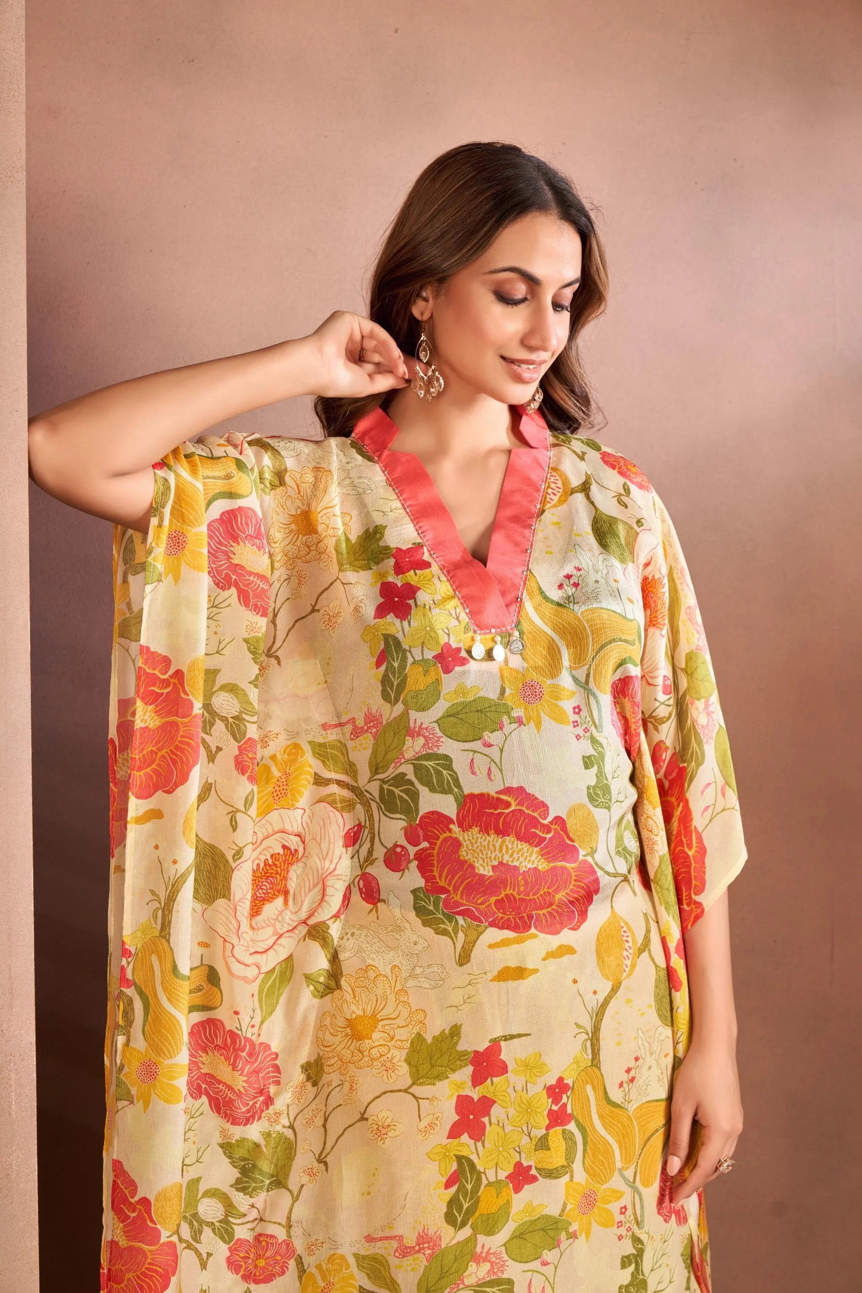 Beigh High Neck Kaftan Set