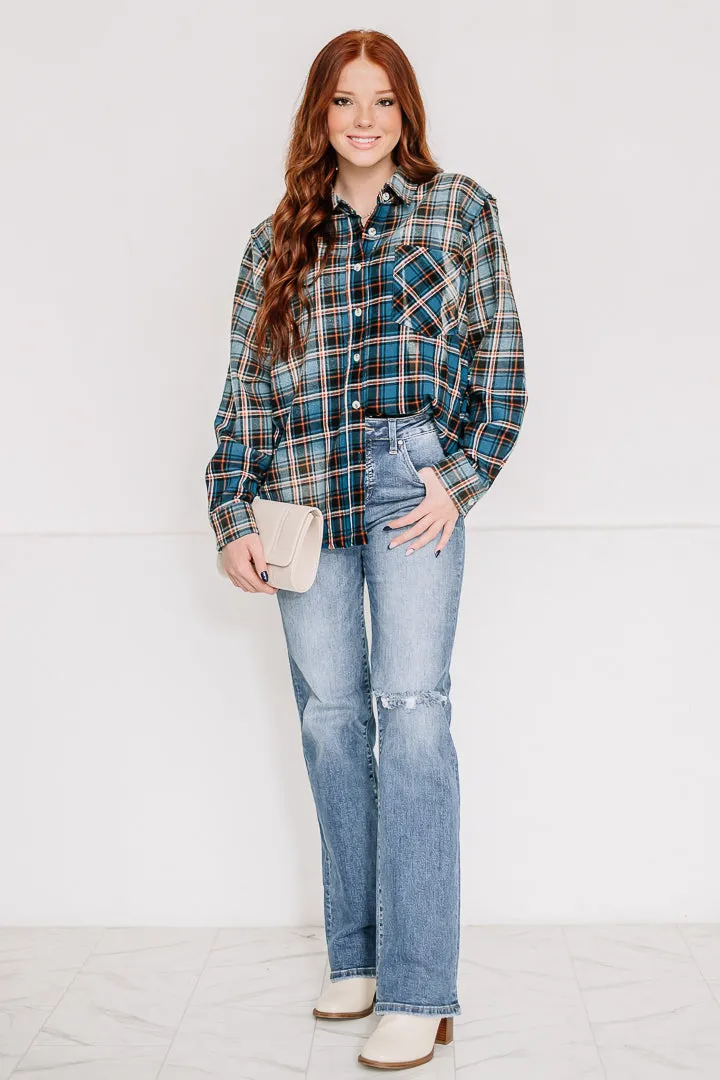 Better Off Bleached Plaid Top | Vintage Navy
