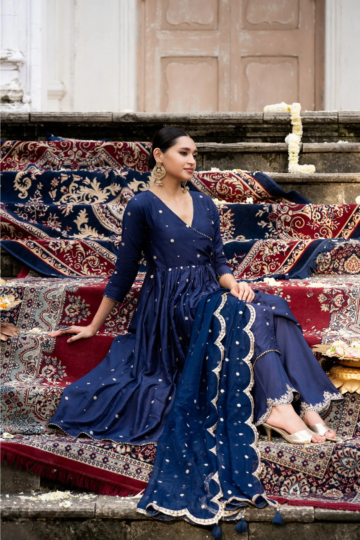 Blue Angrakha with Scallop Organza Dupatta and Palazzo