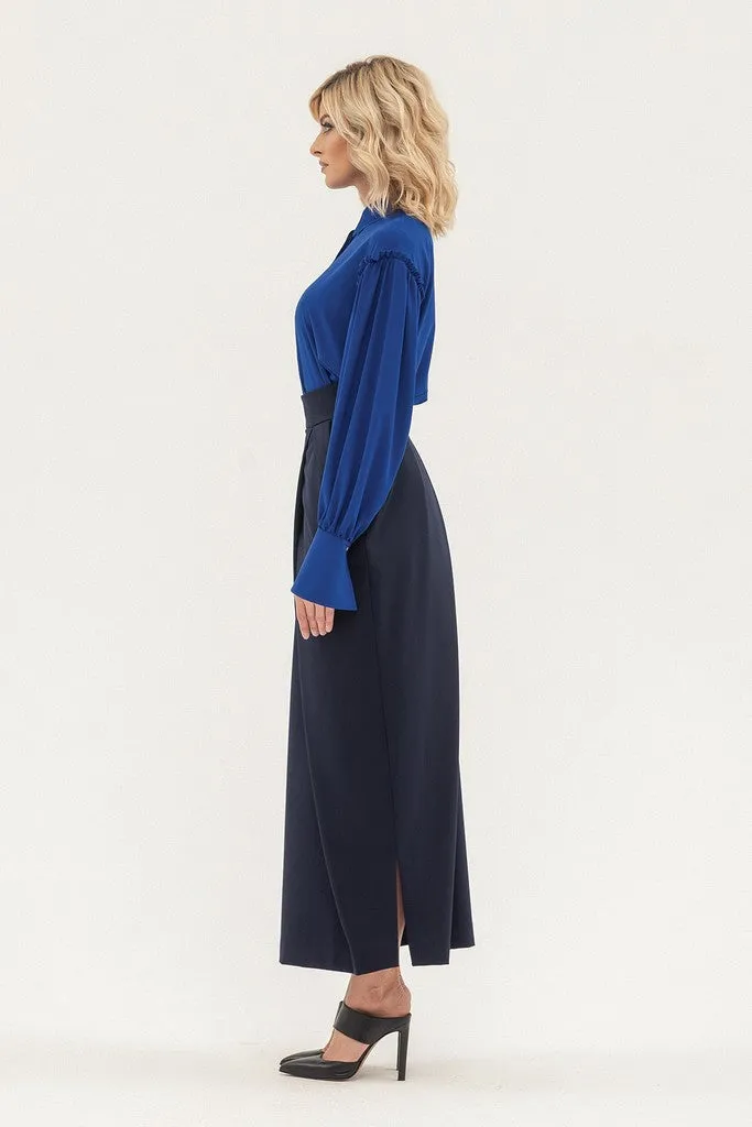 Blue Office Ruffled Maxi Skirt