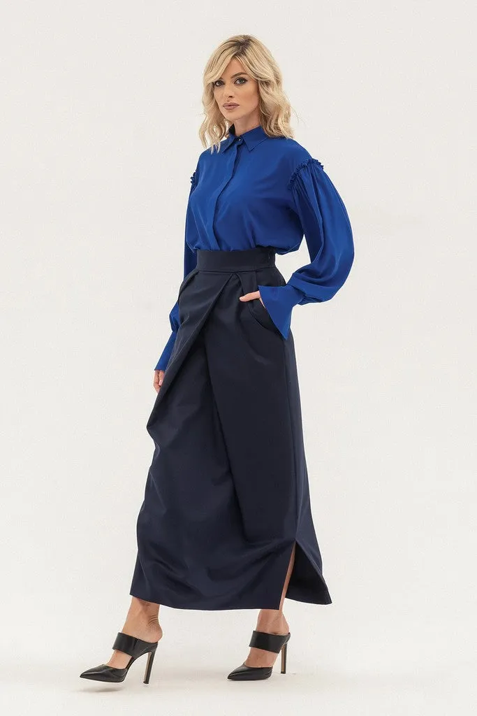 Blue Office Ruffled Maxi Skirt