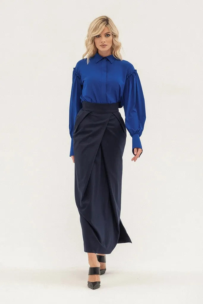 Blue Office Ruffled Maxi Skirt