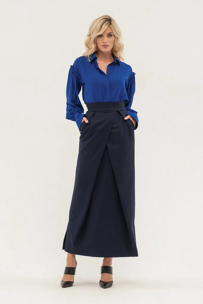 Blue Office Ruffled Maxi Skirt