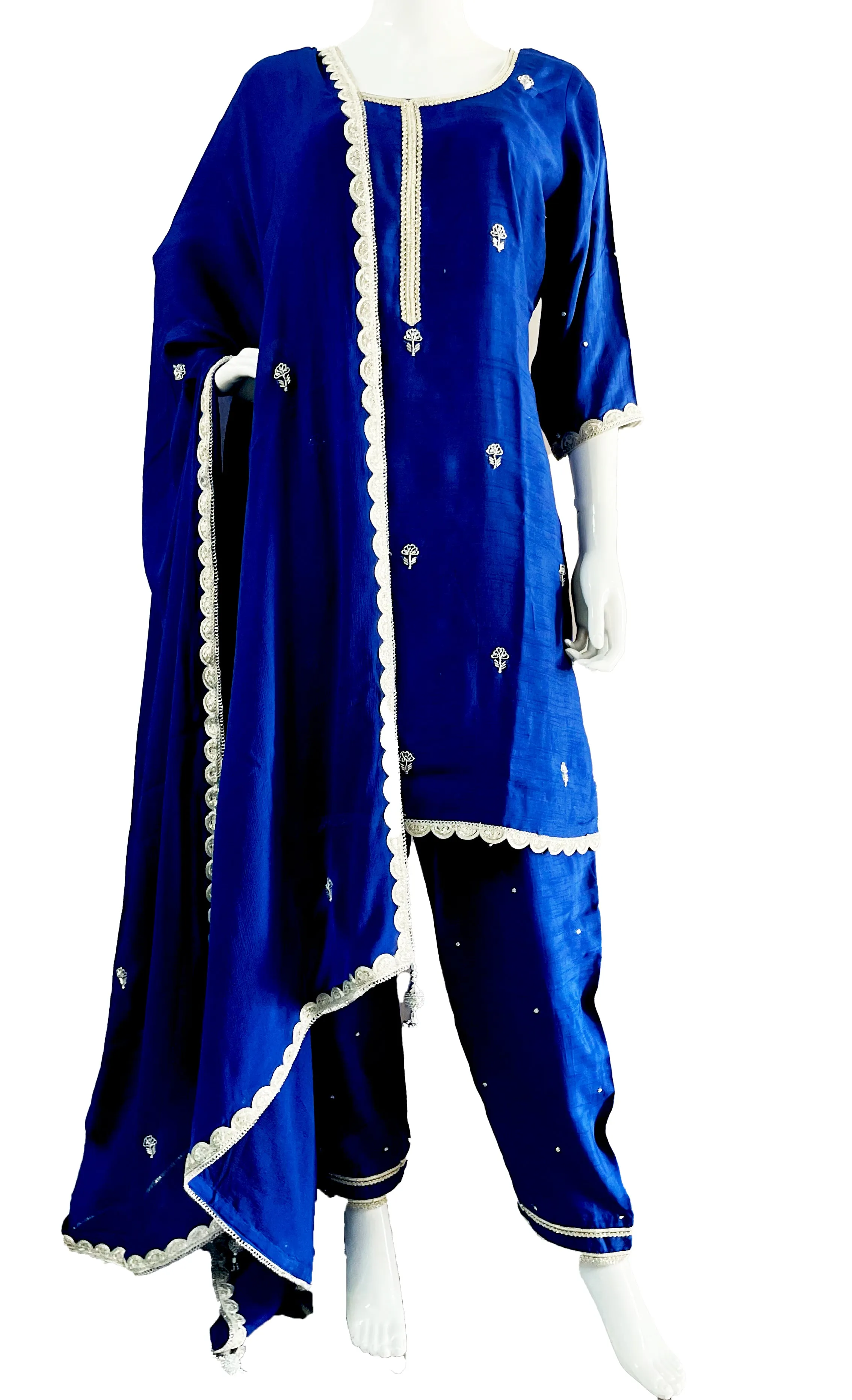 Blue Silver Pant suit with Kurta Top and Dupatta with border, Pure Silk Pant Suit