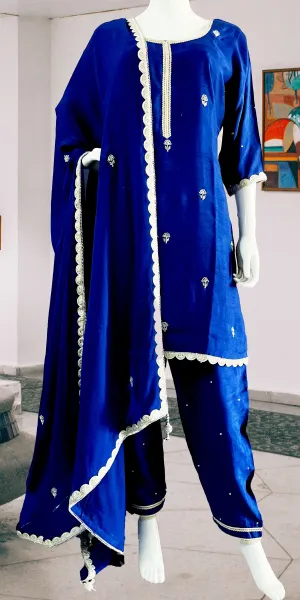 Blue Silver Pant suit with Kurta Top and Dupatta with border, Pure Silk Pant Suit