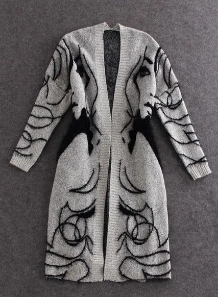 Brenda - Long Abstract Charcoal Cardigan