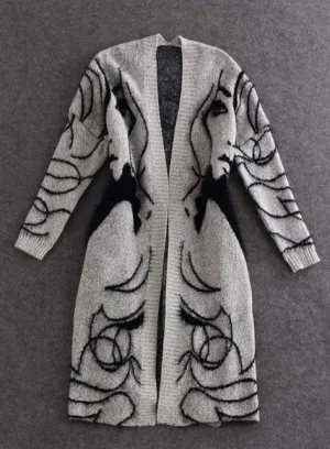 Brenda - Long Abstract Charcoal Cardigan