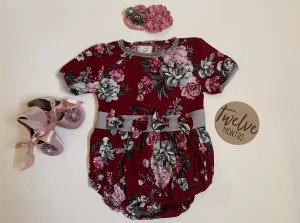 Burgundy Floral, Girl Romper