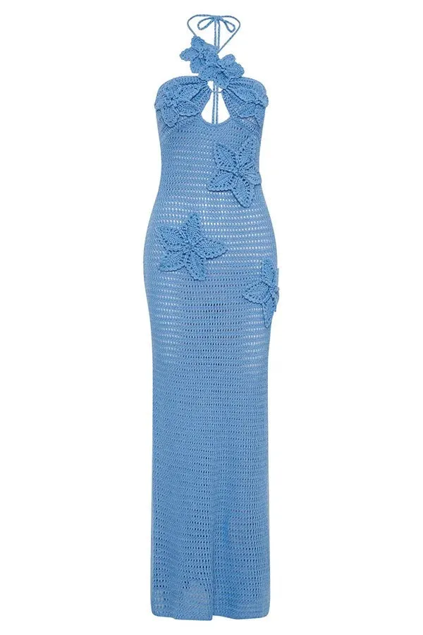 Call It Chic Knit Floral Crochet Halter Fishtail Hem Maxi Dress