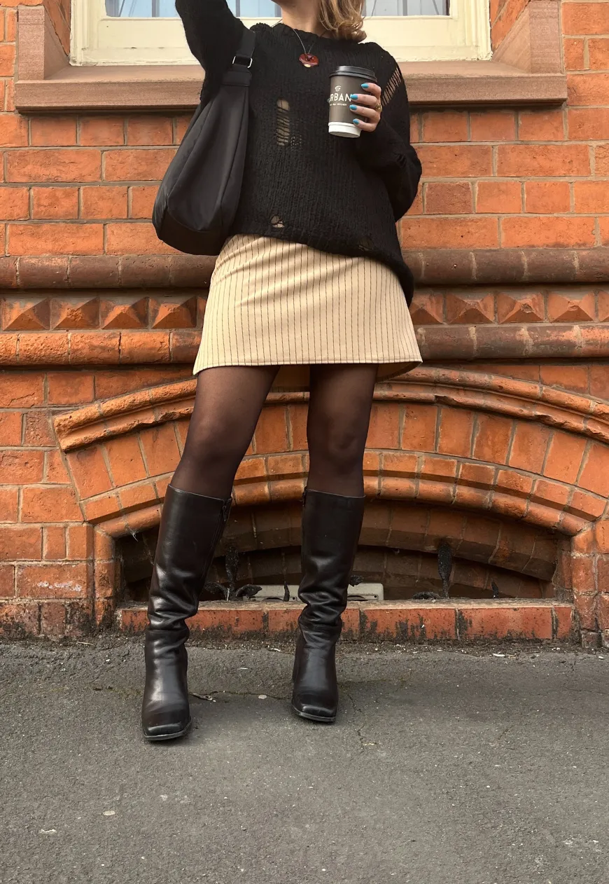 CARAMEL PINSTRIPE SPLIT SHORT DRESS