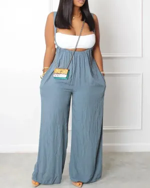 Casual Jumpsuits Fashion Flat Pocket  Asymmetrical Neck Sleeveless Wide Leg  Jumpsuit