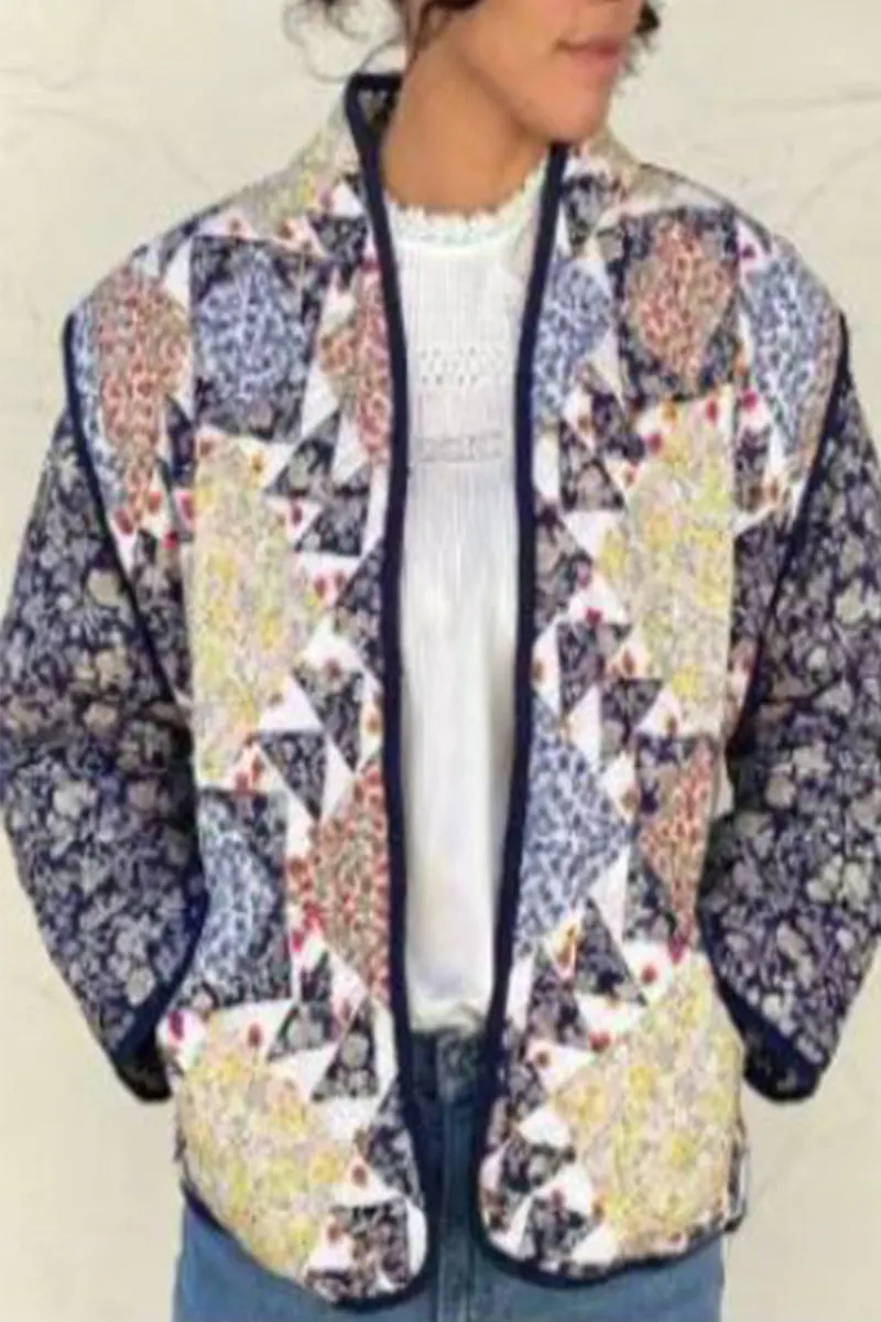Casual Print Patchwork V Neck Outerwear