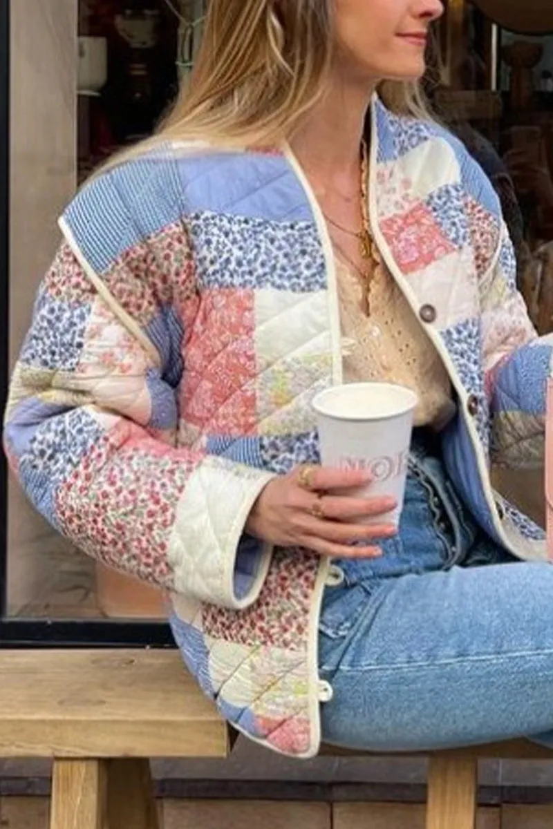 Casual Print Patchwork V Neck Outerwear