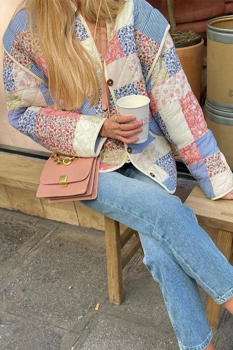 Casual Print Patchwork V Neck Outerwear