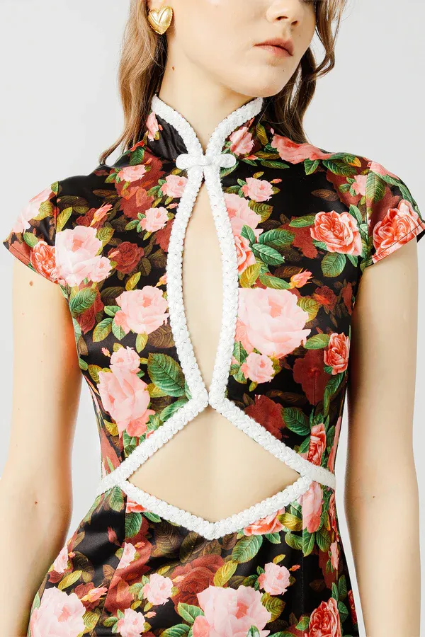 Cheongsam Style Hollow Floral Maxi Dress