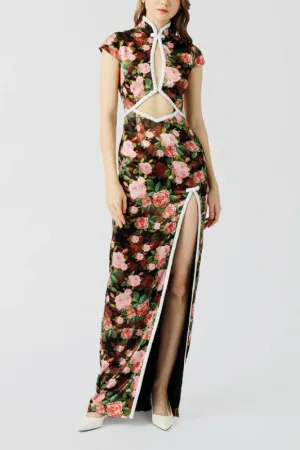 Cheongsam Style Hollow Floral Maxi Dress