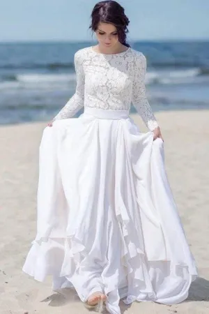 Chiffon Skirt Boho Wedding Dresses Lace Long Sleeves