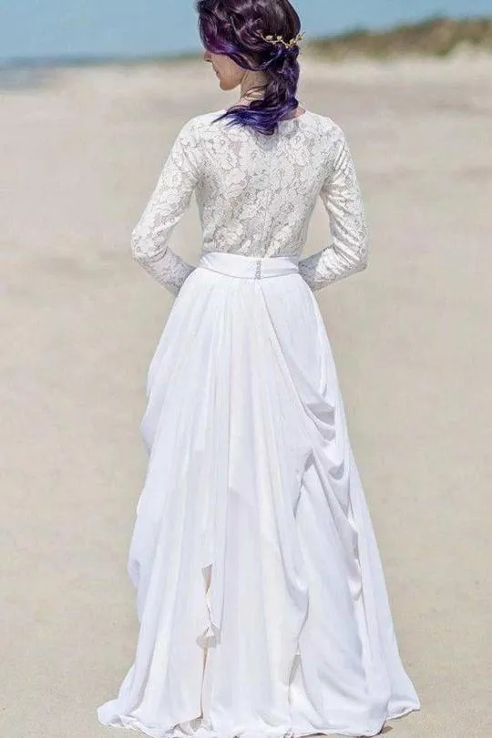 Chiffon Skirt Boho Wedding Dresses Lace Long Sleeves