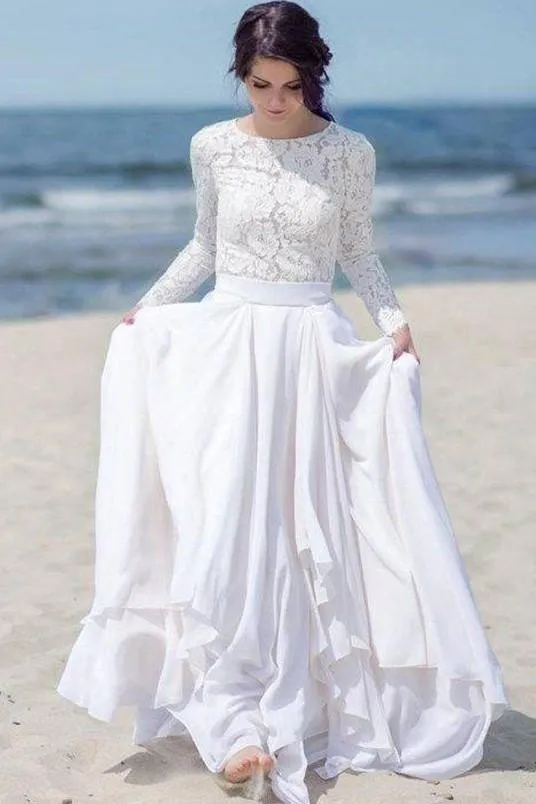 Chiffon Skirt Boho Wedding Dresses Lace Long Sleeves