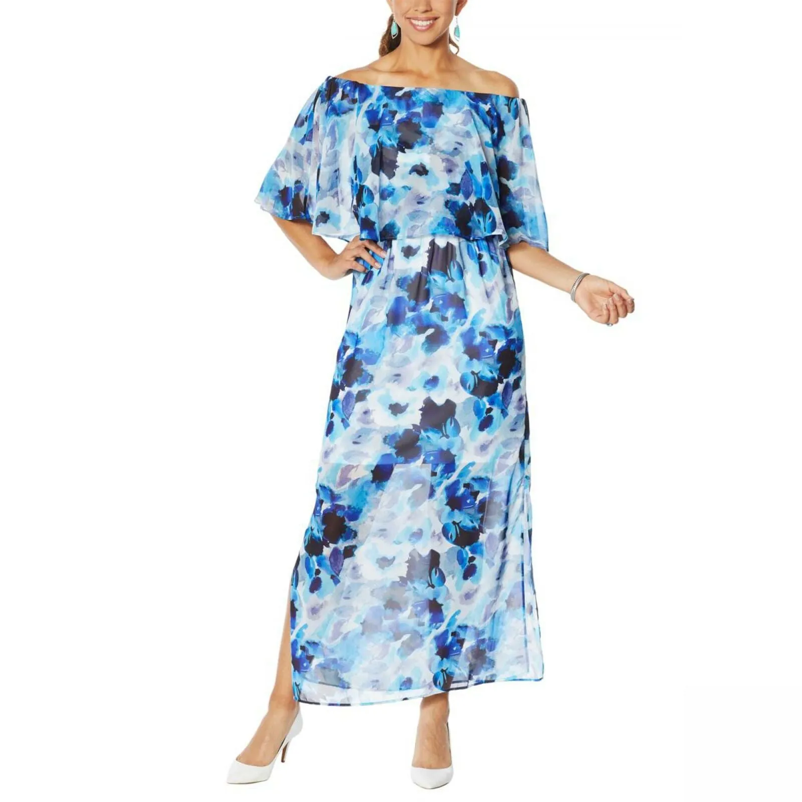 Colleen Lopez Women's Off-the-Shoulder Flutter Maxi Dress Sapphire Blue Large