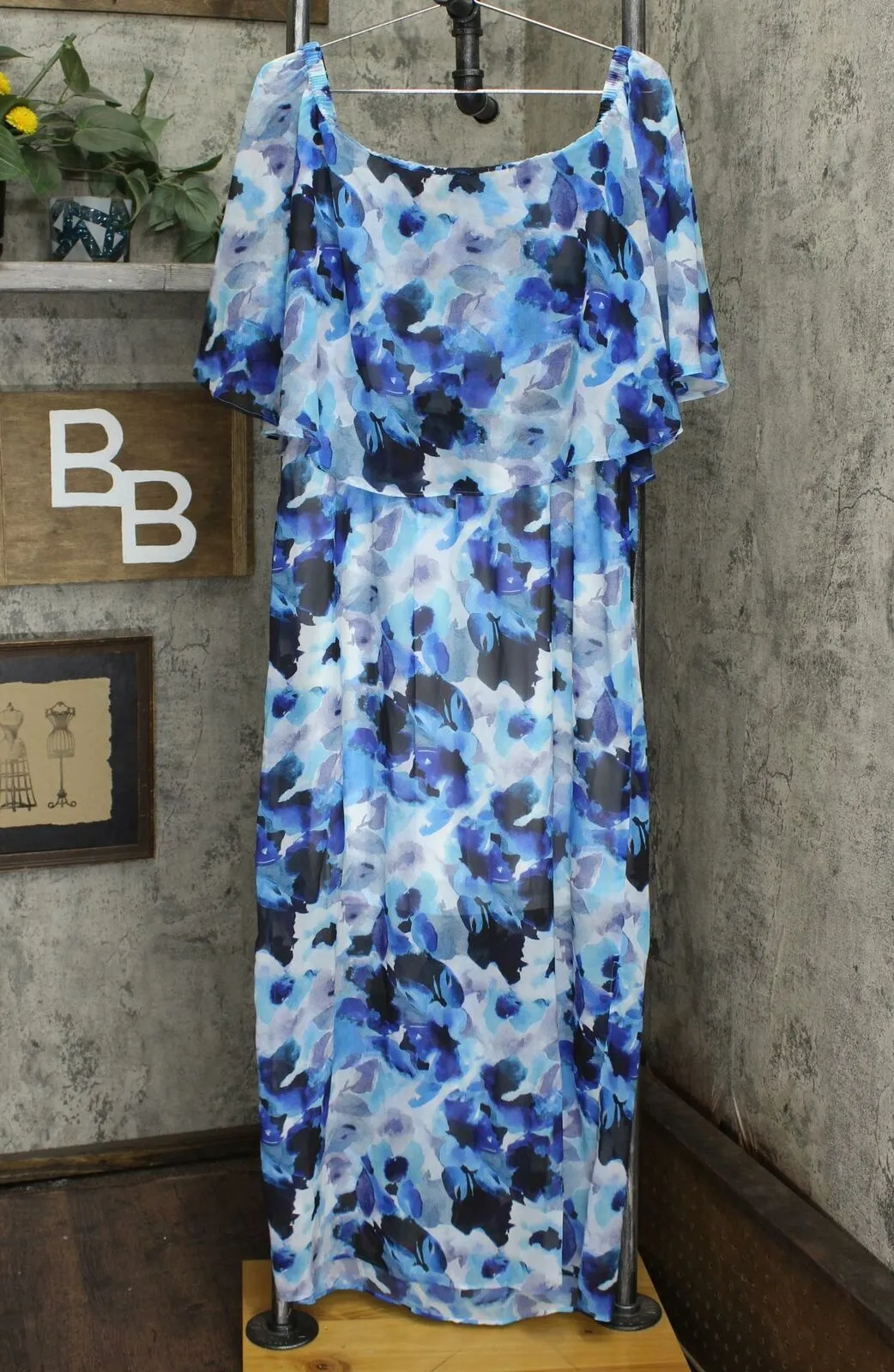 Colleen Lopez Women's Off-the-Shoulder Flutter Maxi Dress Sapphire Blue Large