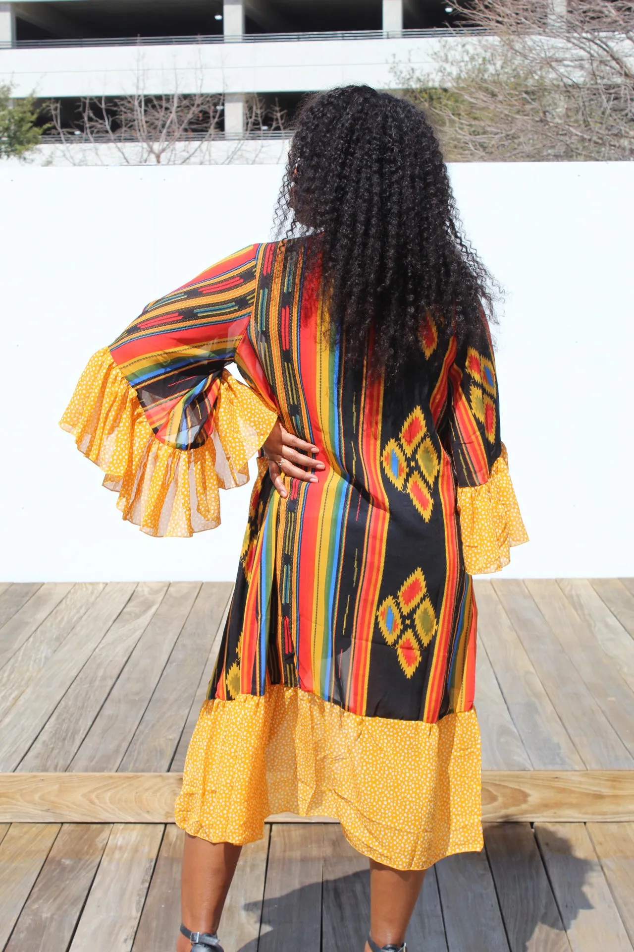 Colorful Print Ruffle Sleeve Kimono