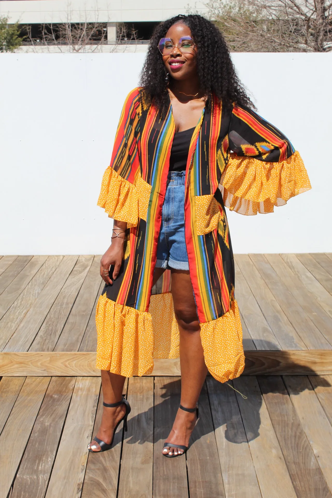 Colorful Print Ruffle Sleeve Kimono
