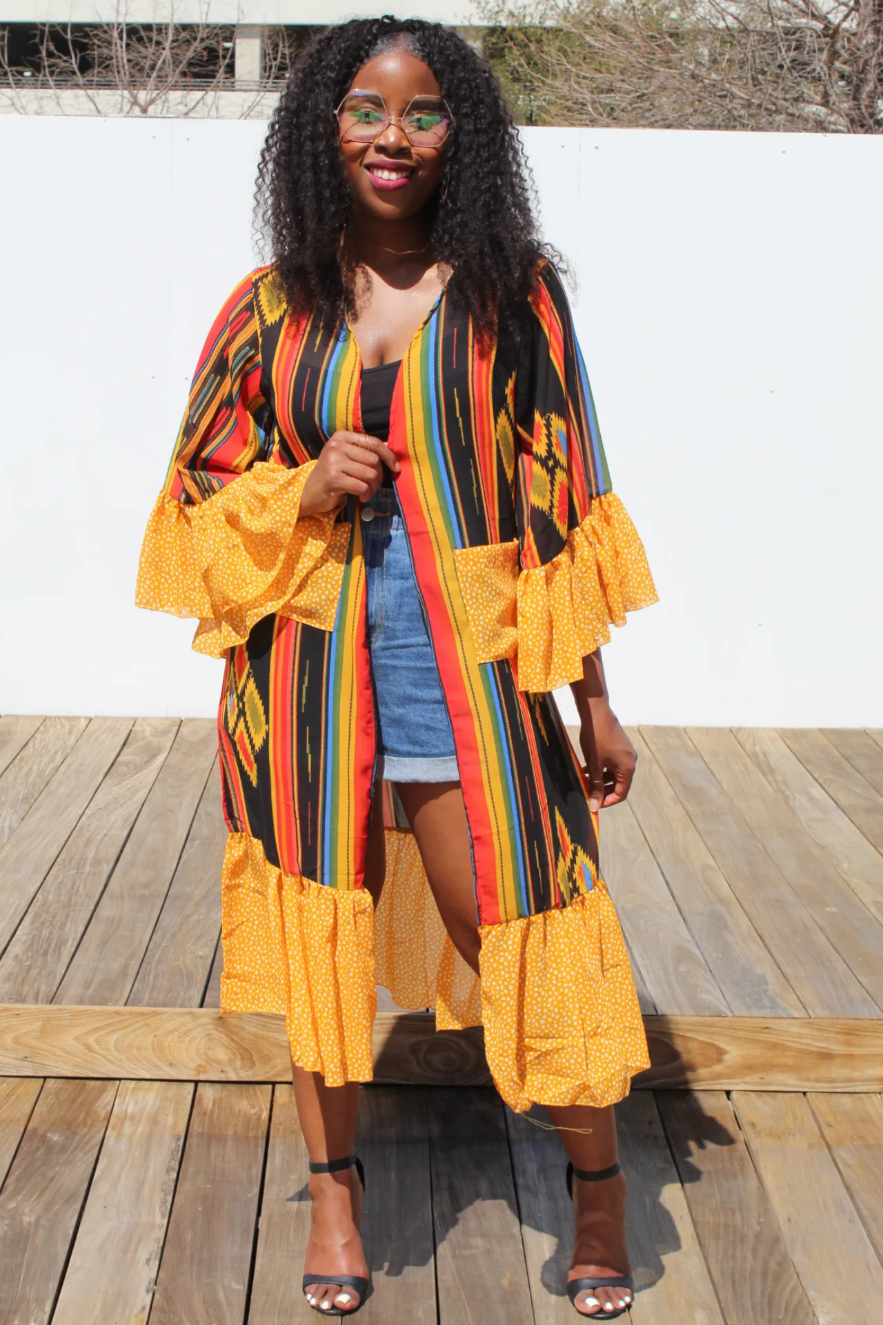 Colorful Print Ruffle Sleeve Kimono