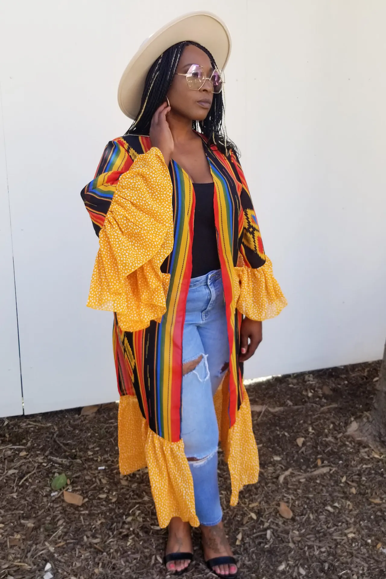 Colorful Print Ruffle Sleeve Kimono